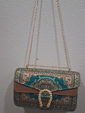 Teal Patterned Chain Shoulder Bag